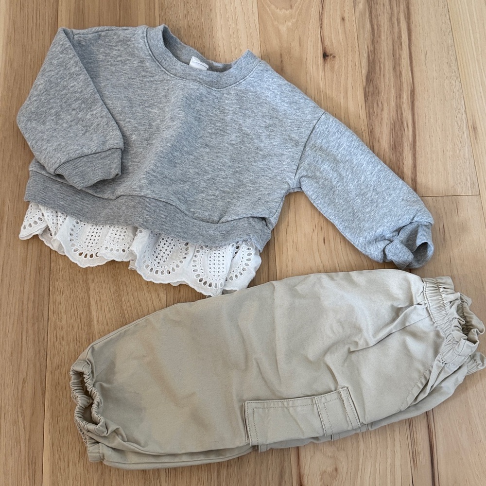 Gray Sweatshirt with Lace Underlayer and Tan Cargo Pants Set